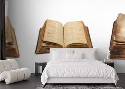 Collection of open old antique books isolated on a transparent background, PNG Wall mural