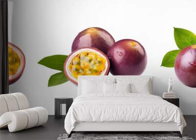 Fresh passion fruit with green leaves isolated on transparent background Wall mural