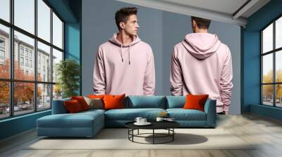 Front and back view of a pink hoodie mockup for design print Wall mural