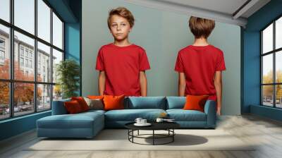 Front and back views of a little boy wearing a red T-shirt Wall mural