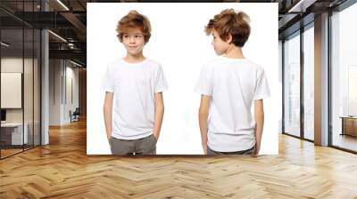 Front and back views of a little boy wearing a white T-shirt Wall mural