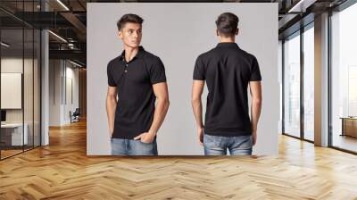 Front and back views of a man wearing a black polo shirt mockup template Wall mural