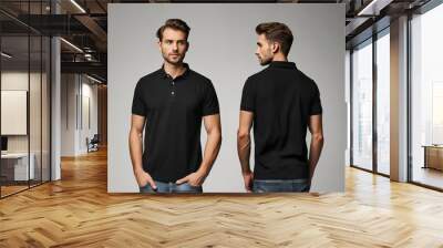 Front and back views of a man wearing a black polo shirt mockup template Wall mural