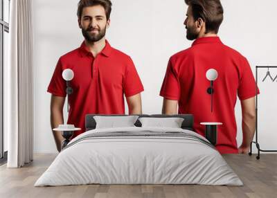 Front and back views of a man wearing a red polo shirt mockup template Wall mural