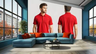 Front and back views of a man wearing a red polo shirt mockup template Wall mural