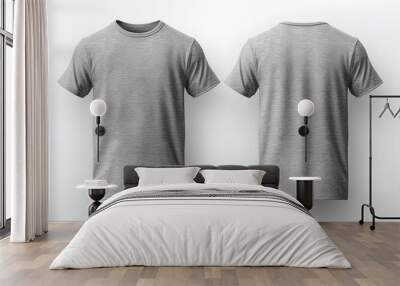 Grey male t-shirt realistic mockup set from front and back view, blank textile print design template for fashion apparel. Created with Generative AI Technology Wall mural