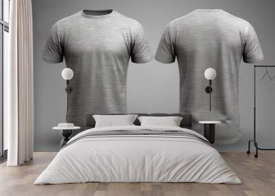 Grey male t-shirt realistic mockup set from front and back view, blank textile print design template for fashion apparel. Created with Generative AI Technology Wall mural