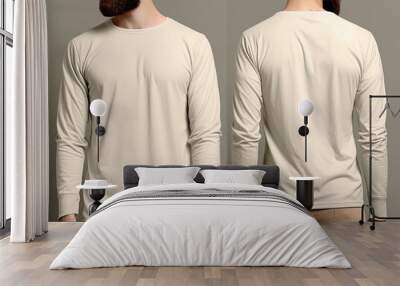 Man wearing a beige T-shirt with long sleeves. Front and back view Wall mural