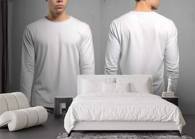 Man wearing a white T-shirt with long sleeves. Front and back view Wall mural