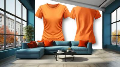 Orange female t-shirt realistic mockup set from front and back view, blank textile print design template for fashion apparel. Created with Generative AI Technology Wall mural