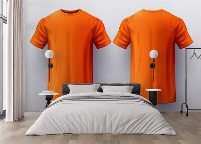 Orange male t-shirt realistic mockup set from front and back view, blank textile print design template for fashion apparel. Created with Generative AI Technology Wall mural