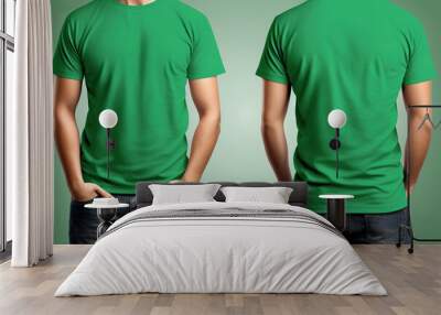 Photo realistic male green t-shirts with copy space, front and back view. Created with Generative AI Technology Wall mural