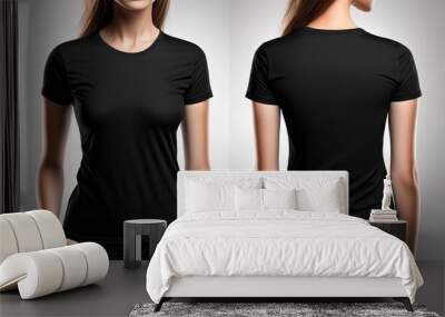 Photo realistic woman black t-shirts with copy space, front and back view. Created with Generative AI Technology Wall mural