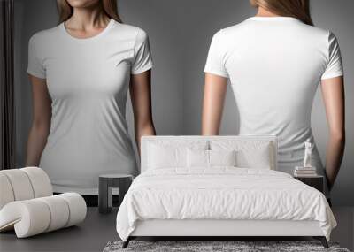 Photo realistic woman white t-shirts with copy space, front and back view. Created with Generative AI Technology Wall mural