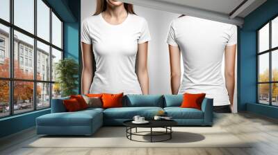 Photo realistic woman white t-shirts with copy space, front and back view. Created with Generative AI Technology Wall mural