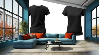 realistic set of female black t-shirts mockup front and back view isolated on a transparent background, cut out Wall mural