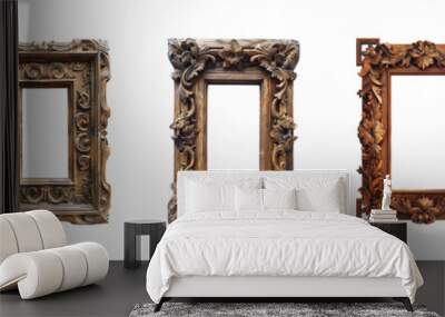 Rectangle carved ornate wooden frame isolated on a transparent or white background, cut-out, PNG Wall mural