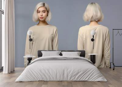 Woman wearing a beige T-shirt with long sleeves. Front and back view Wall mural