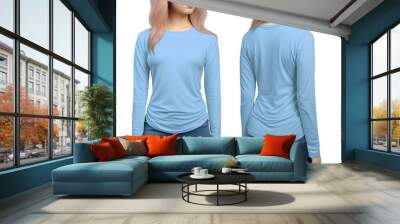 Woman wearing a blue T-shirt with long sleeves. Front and back view Wall mural