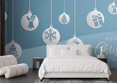 Blue christmas tree balls vector background with icons Wall mural