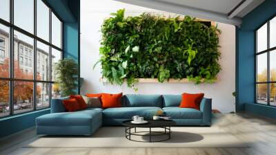 Floating plants on wall over brown leather couch, vertical garden indoors Wall mural