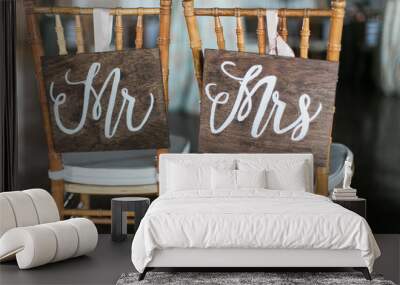 mr and mrs wooden signs on back of chair, wedding reception decor Wall mural