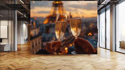 A closeup of two people toasting with champagne glasses, Paris in the background with the Eiffel Tower Wall mural