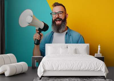 man shouting into a megaphone. Marketing concept. Banner for website Wall mural