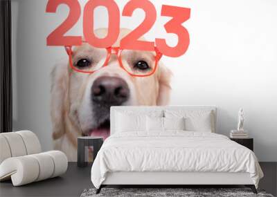 Dog in glasses 2023 for the new year. Golden Retriever for Christmas sitting on a white background with red glasses. Postcard with space for text for the new year with a pet. Wall mural