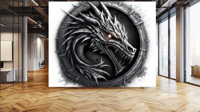 3D silver medallion emblem with dragon, white background. Generative AI Wall mural