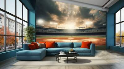 Baseball field and stadium in the background, sports and competition concept. Generative AI Wall mural