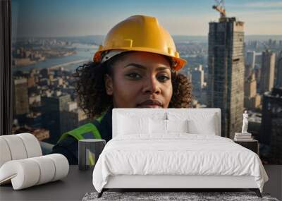 Black female construction worker, on top of a building, city in the background, labor day. Wall mural