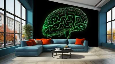 Brain illustration, green neon light, black background, creativity concept. Generative AI Wall mural