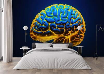 Brain illustration, yellow neon light, blue background, creativity concept. Generative AI Wall mural