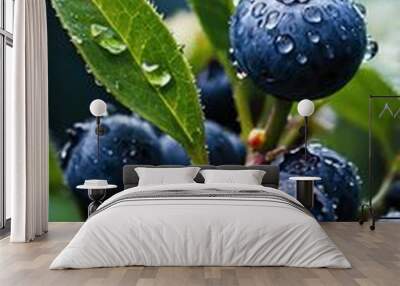 Bunches of ripe blueberries with shiny dew, leaves in the background. Wall mural