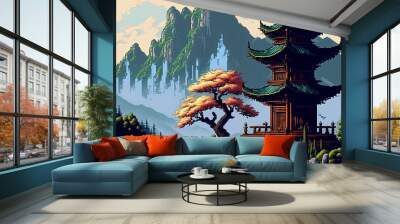 Chinese temple landscape with mountains in the background, 16 bit pixel art style. AI digital illustration Wall mural