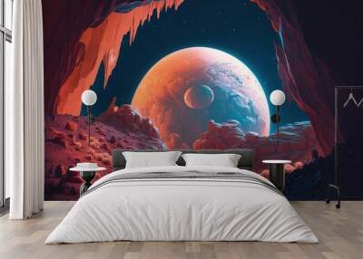 Desert landscape on the surface of another planet with mountains and giant moon in space. Generative AI	 Wall mural