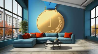 Digital illustration of gold medal with number 1, blue background. Generative AI Wall mural