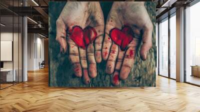 Digital illustration of hands with hearts, concept of passion and Valentine's Day. Generative AI Wall mural