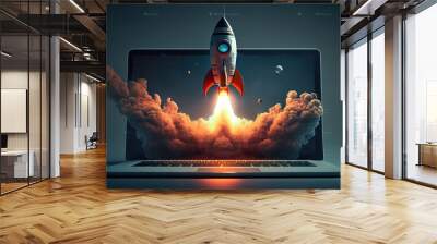 Digital illustration of laptop and rocket, blue background. Generative AI Wall mural