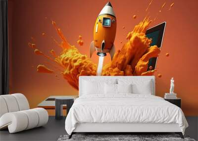 Digital illustration of laptop and rocket, orange  background. Generative AI Wall mural