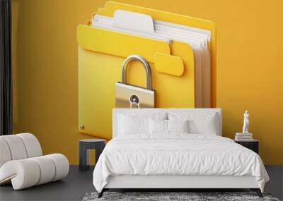 File folder and padlock illustration, privacy concept, yellow background. Generative AI Wall mural