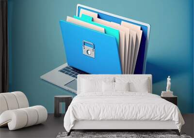 File folder on laptop screen, blue background. AI digital illustration Wall mural