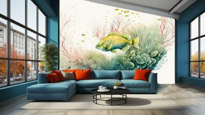 Fish and coral illustration on white background, painting style. Generative AI Wall mural