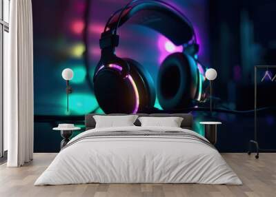 Gamer headset with RGB lights, gamer room in background, bokeh background. Generative AI Wall mural