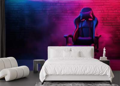 Gaming chair and neon lights in the background, gaming and streamer concept. Wall mural