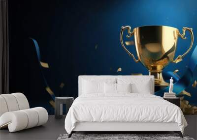 Golden trophy and streamers, business and competition concept, blue background. Generative AI Wall mural