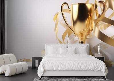 Golden trophy and streamers, business and competition concept, white background. Generative AI Wall mural