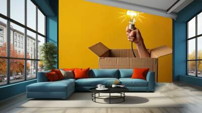 Hand coming out of a cardboard box holding a light bulb, concept of idea and creativity. Wall mural