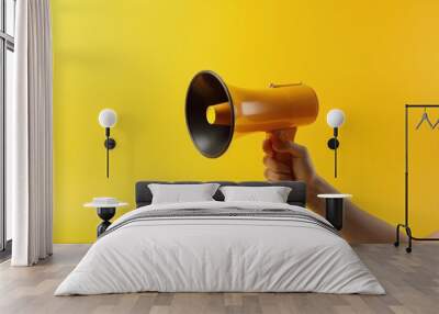 Hand holding megaphone on yellow background, ads and sales concept. Generative AI Wall mural